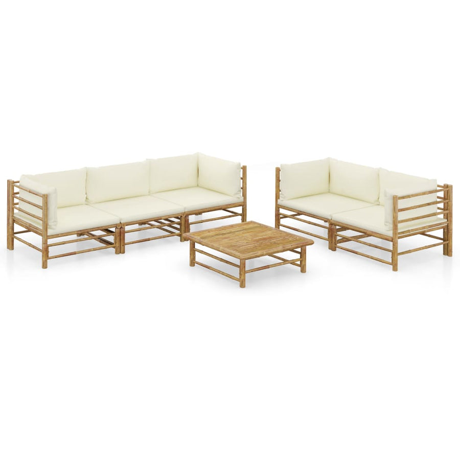 6-Delige Loungeset Met Witte Kussens Bamboe Crème 4x hoek + midden + Tafel