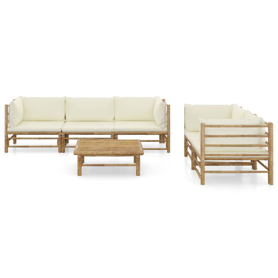 6-Delige Loungeset Met Witte Kussens Bamboe Crème 4x hoek + midden + Tafel