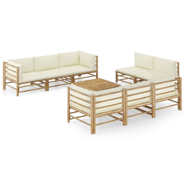 9-Delige Loungeset Met Witte Kussens Bamboe Crème 4x hoek + 4x midden + Tafel