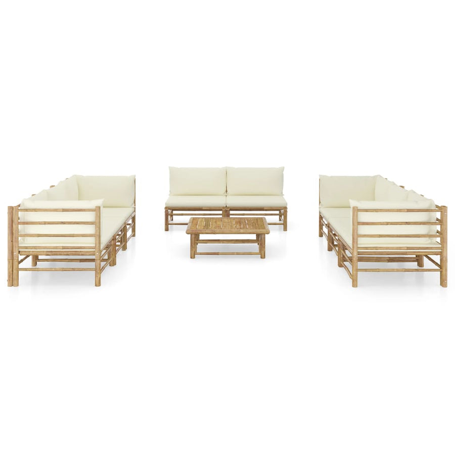 9-Delige Loungeset Met Witte Kussens Bamboe Crème 4x hoek + 4x midden + Tafel