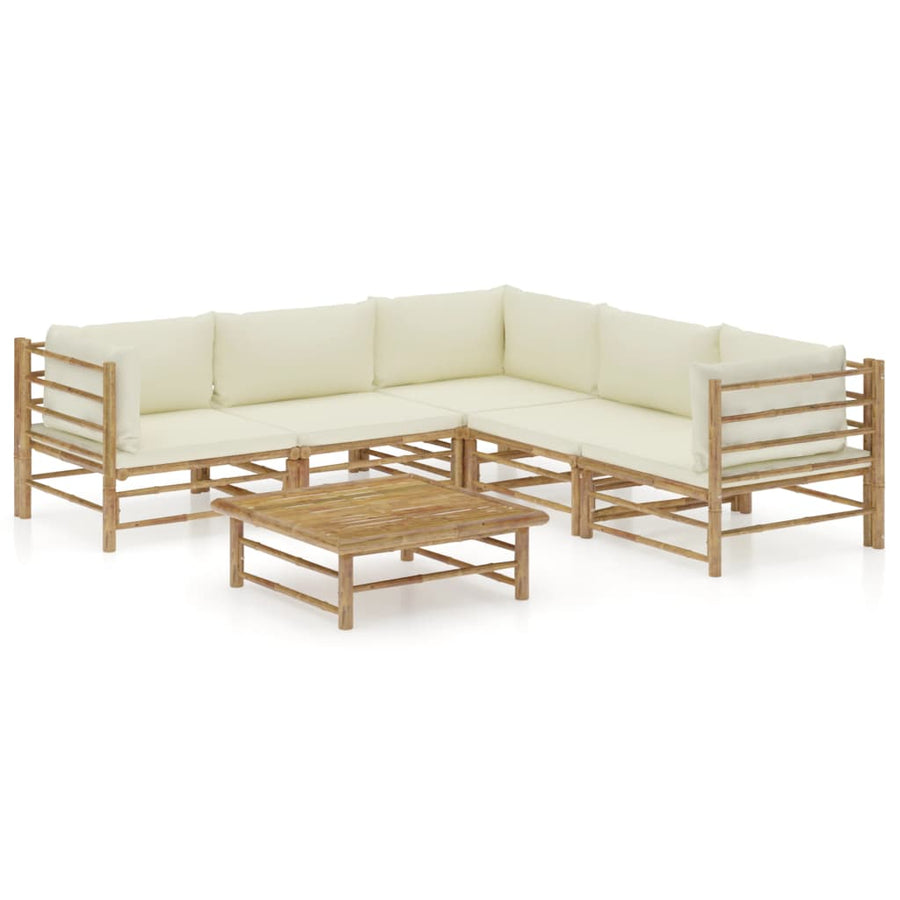 6-Delige Loungeset Met Witte Kussens Bamboe Crème 3x hoek + 2x midden + Tafel