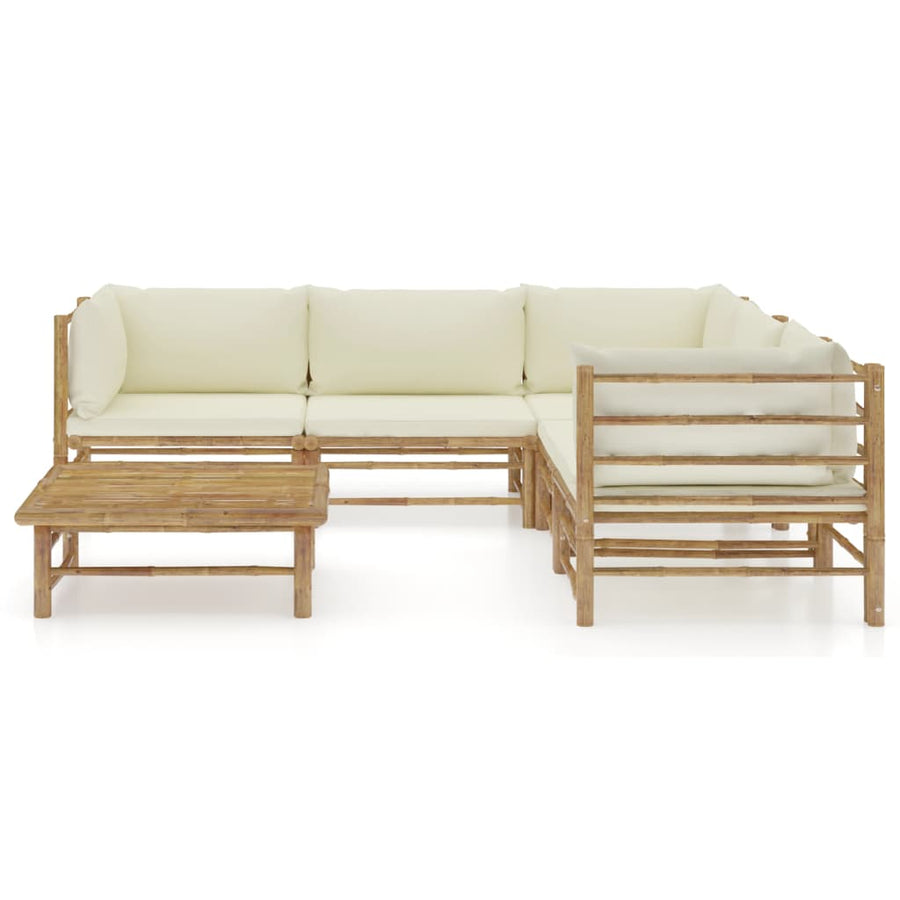6-Delige Loungeset Met Witte Kussens Bamboe Crème 3x hoek + 2x midden + Tafel