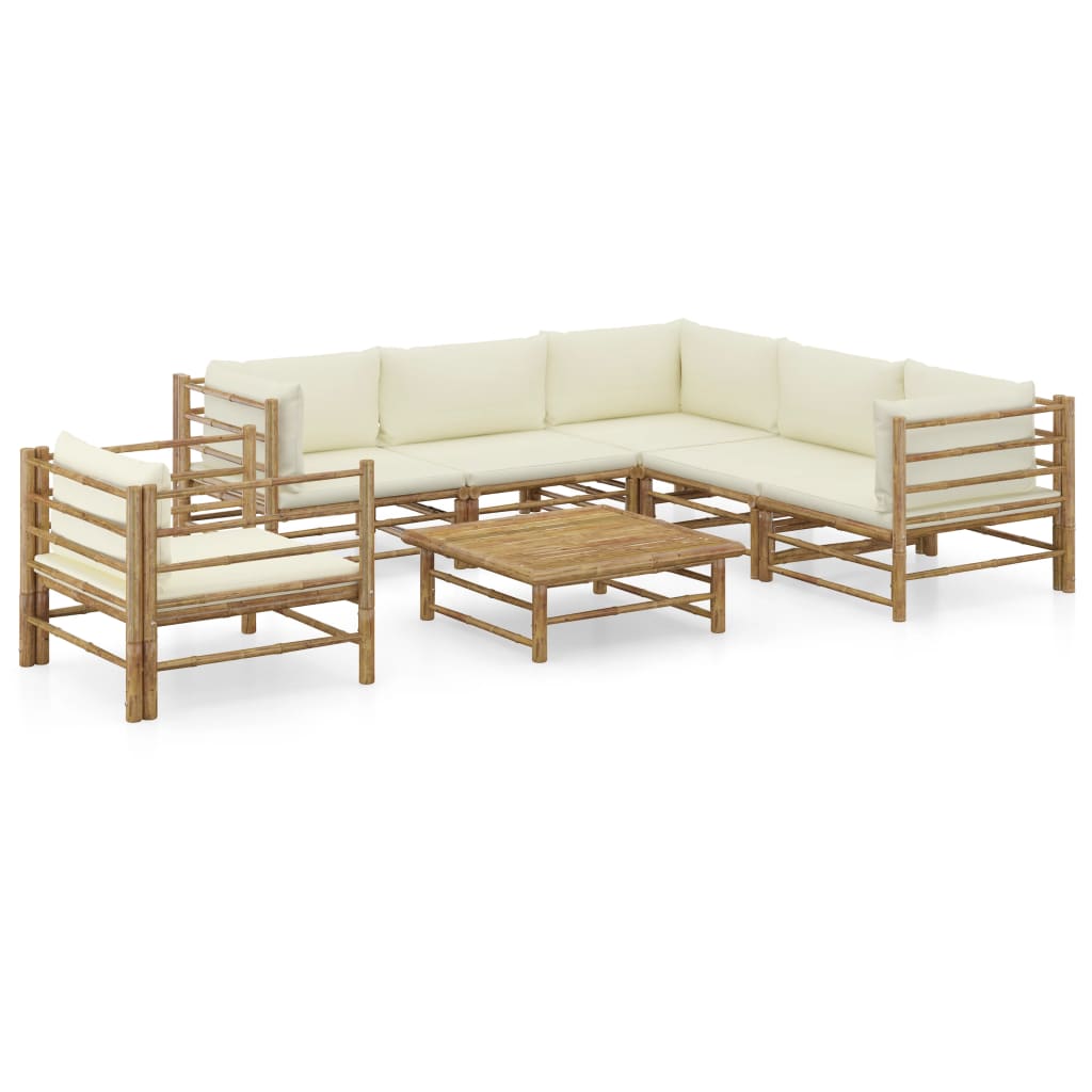 7-Delige Loungeset Met Witte Kussens Bamboe Crème 3x hoek + 2x midden + Fauteuil + Tafel