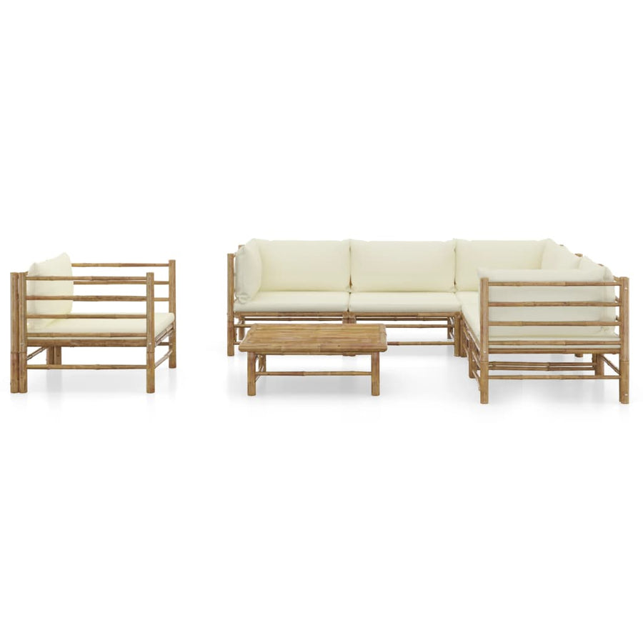 7-Delige Loungeset Met Witte Kussens Bamboe Crème 3x hoek + 2x midden + Fauteuil + Tafel