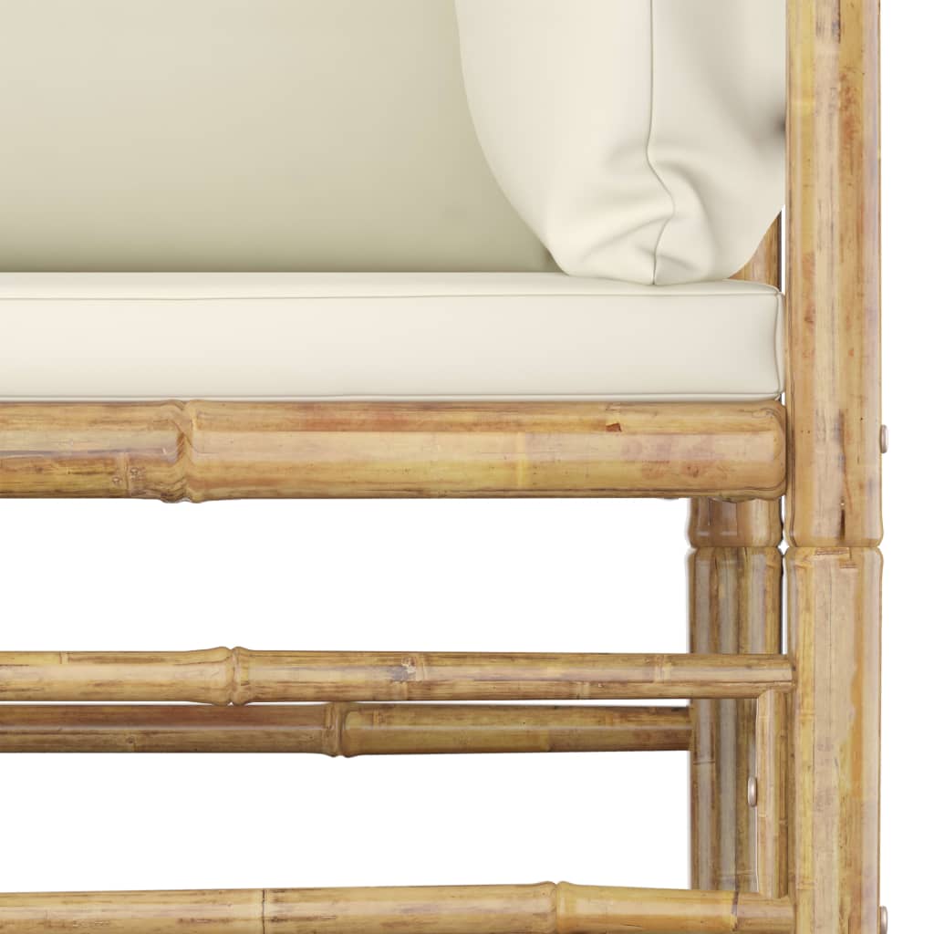 7-Delige Loungeset Met Witte Kussens Bamboe Crème 3x hoek + 2x midden + Fauteuil + Tafel