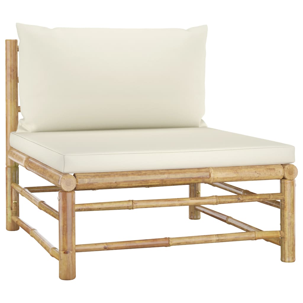 7-Delige Loungeset Met Witte Kussens Bamboe Crème 3x hoek + 2x midden + Fauteuil + Tafel