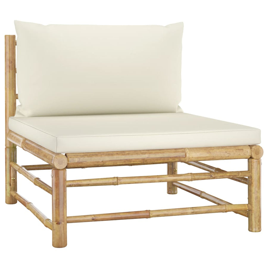 7-Delige Loungeset Met Witte Kussens Bamboe Crème 3x hoek + 2x midden + Fauteuil + Tafel