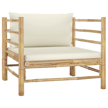 7-Delige Loungeset Met Witte Kussens Bamboe Crème 3x hoek + 2x midden + Fauteuil + Tafel