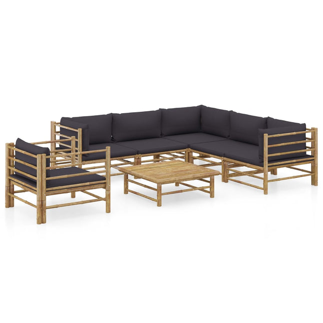 7-Delige Loungeset Met Donkergrijze Kussens Bamboe Donkergrijs 3x hoek + 2x midden + Fauteuil + Tafel