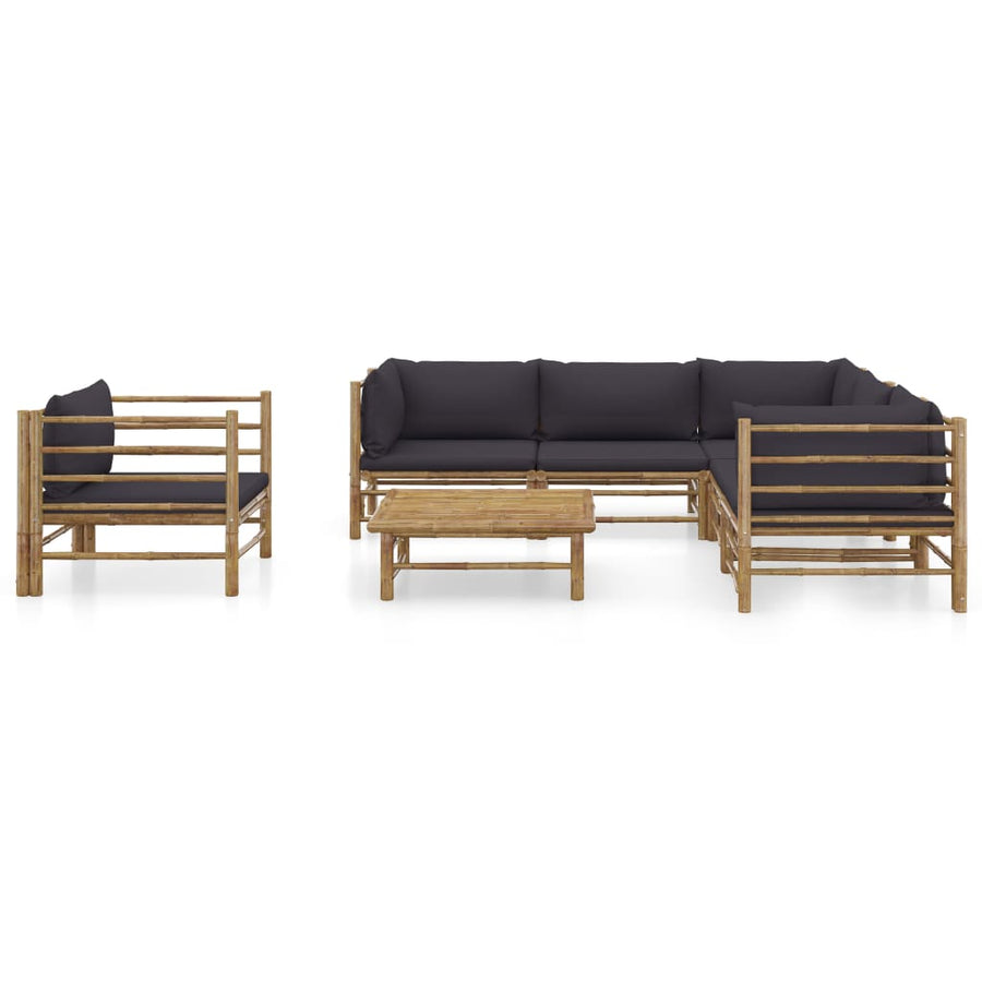 7-Delige Loungeset Met Donkergrijze Kussens Bamboe Donkergrijs 3x hoek + 2x midden + Fauteuil + Tafel