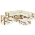 8-Delige Loungeset Met Witte Kussens Bamboe Crème 3x hoek + 2x midden + Fauteuil + voetensteun + Tafel