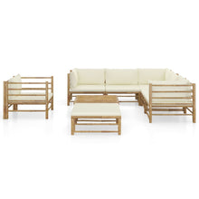 8-Delige Loungeset Met Witte Kussens Bamboe Crème 3x hoek + 2x midden + Fauteuil + voetensteun + Tafel