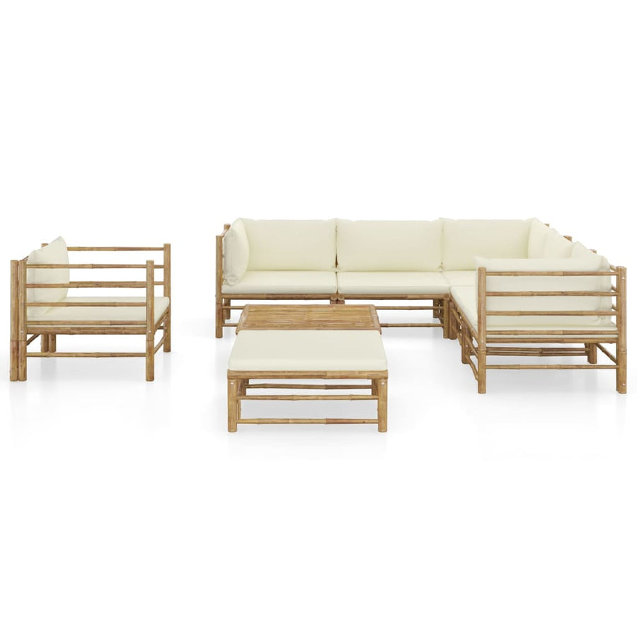 8-Delige Loungeset Met Witte Kussens Bamboe Crème 3x hoek + 2x midden + Fauteuil + voetensteun + Tafel