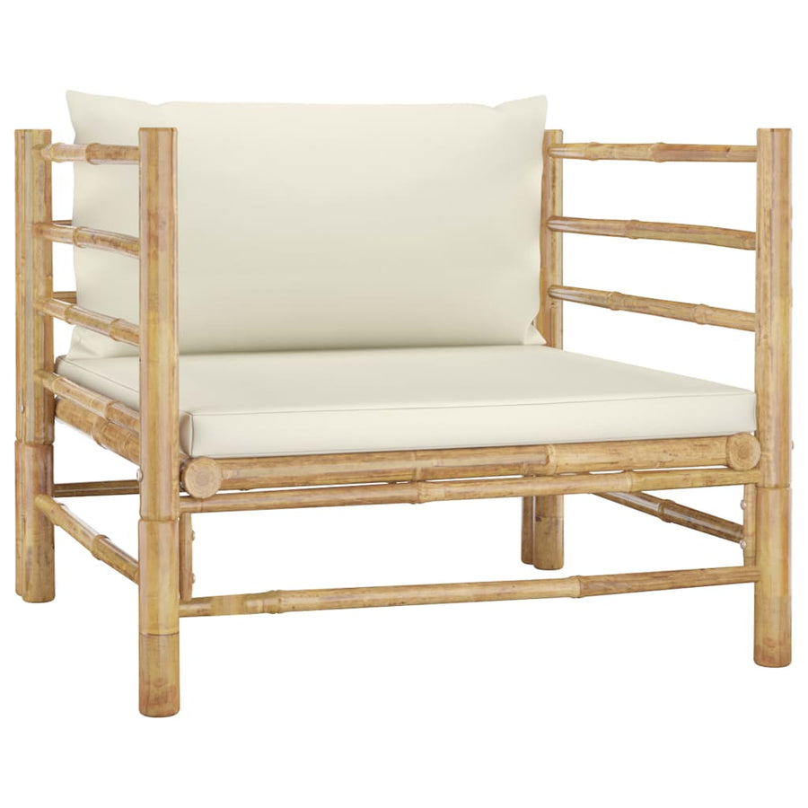 8-Delige Loungeset Met Witte Kussens Bamboe Crème 3x hoek + 2x midden + Fauteuil + voetensteun + Tafel