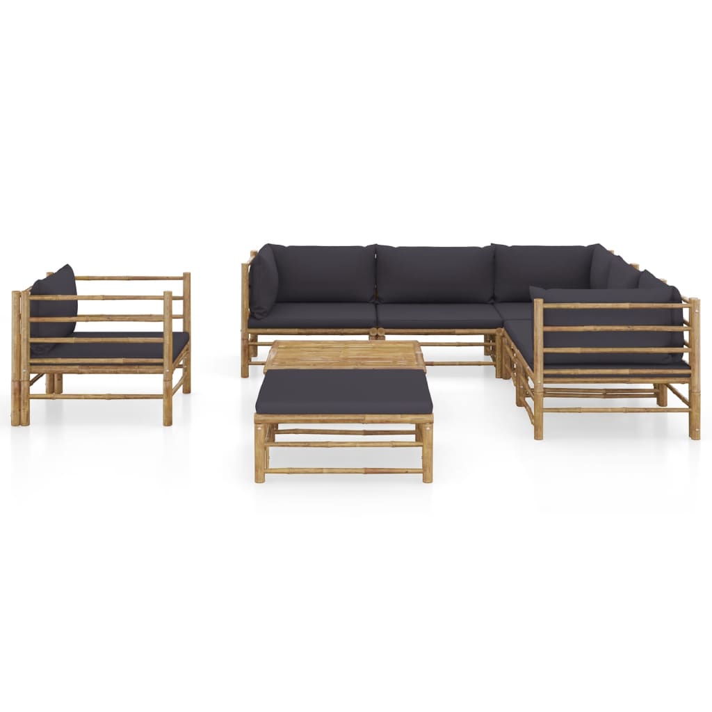 8-Delige Loungeset Met Donkergrijze Kussens Bamboe Donkergrijs 3x hoek + 2x midden + Fauteuil + voetensteun + Tafel