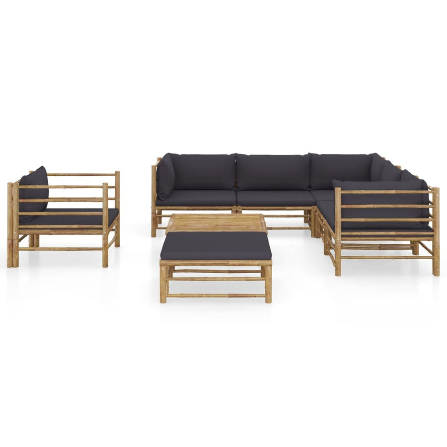 8-Delige Loungeset Met Donkergrijze Kussens Bamboe Donkergrijs 3x hoek + 2x midden + Fauteuil + voetensteun + Tafel