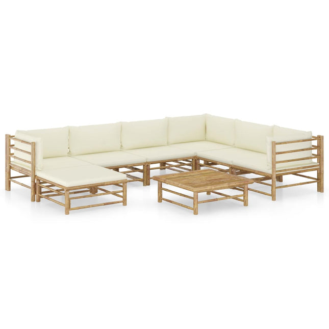 8-Delige Loungeset Met Witte Kussens Bamboe Crème 3x hoek + 3x midden + voetensteun + Tafel