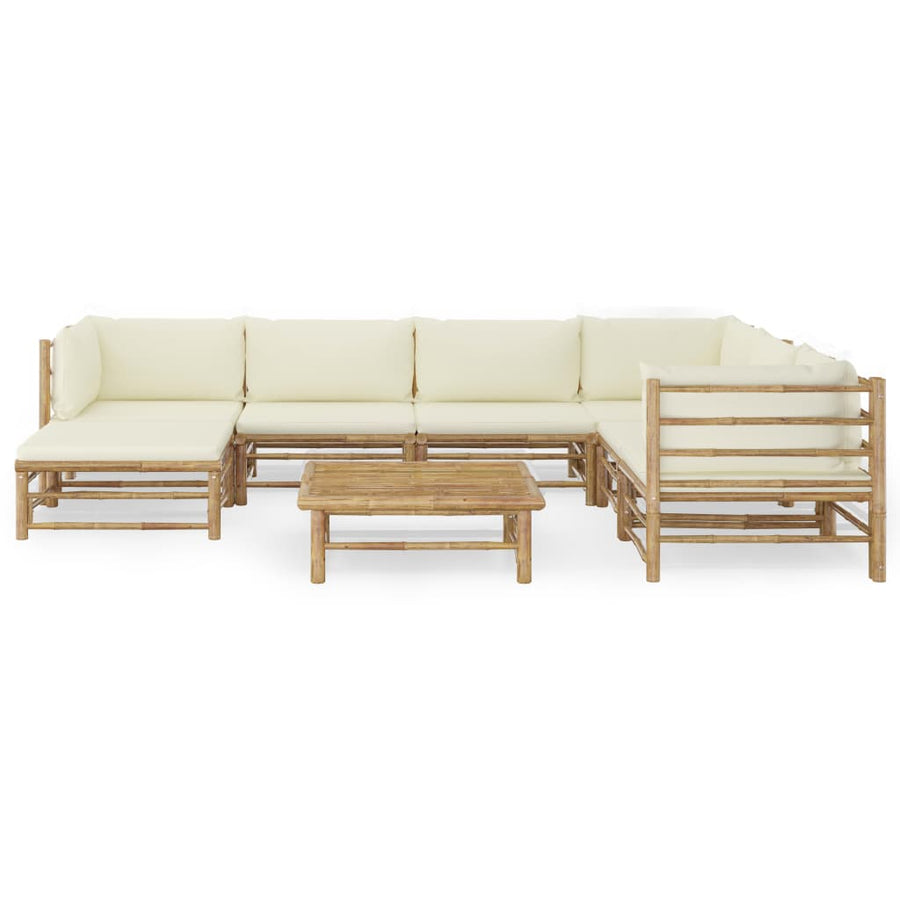 8-Delige Loungeset Met Witte Kussens Bamboe Crème 3x hoek + 3x midden + voetensteun + Tafel