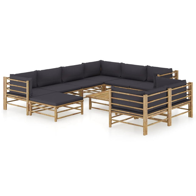 0-Delige Loungeset Met Donkergrijze Kussens Bamboe Donkergrijs 5x hoek + 3x midden + voetensteun + Tafel