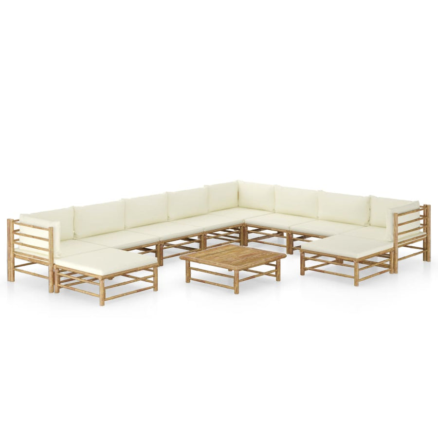 -Delige Loungeset Met Witte Kussens Bamboe Crème 3x hoek + 5x midden + 2x voetensteun + Tafel