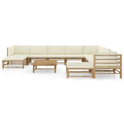 -Delige Loungeset Met Witte Kussens Bamboe Crème 3x hoek + 5x midden + 2x voetensteun + Tafel