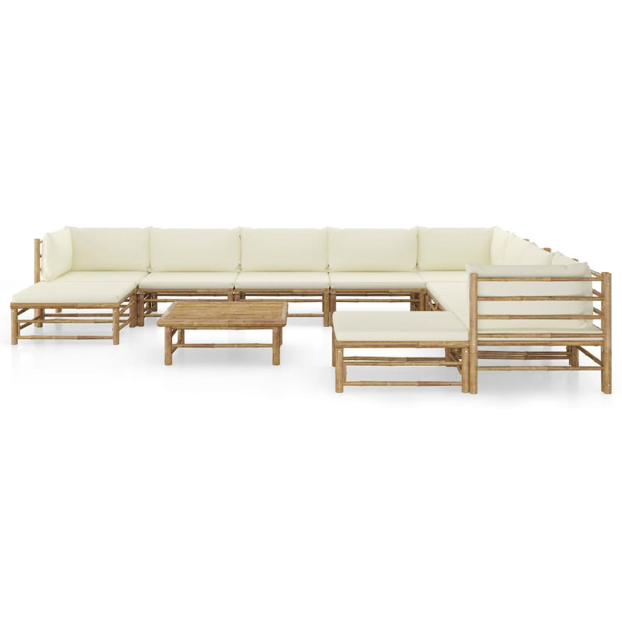 -Delige Loungeset Met Witte Kussens Bamboe Crème 3x hoek + 5x midden + 2x voetensteun + Tafel
