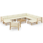 2-Delige Loungeset Met Witte Kussens Bamboe Crème 3x hoek + 5x midden + Fauteuil + 2x voetensteun + Tafel