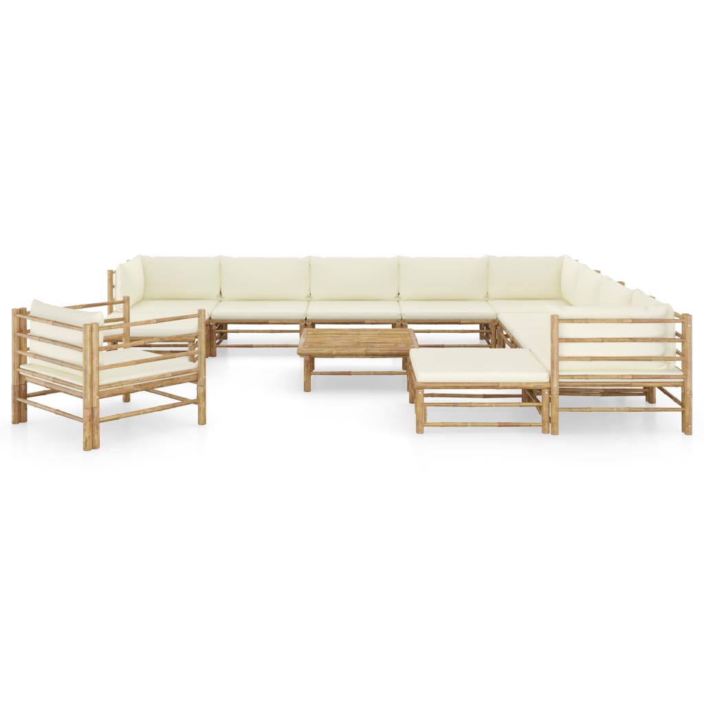 2-Delige Loungeset Met Witte Kussens Bamboe Crème 3x hoek + 5x midden + Fauteuil + 2x voetensteun + Tafel