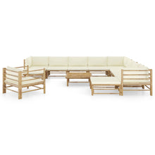 2-Delige Loungeset Met Witte Kussens Bamboe Crème 3x hoek + 5x midden + Fauteuil + 2x voetensteun + Tafel