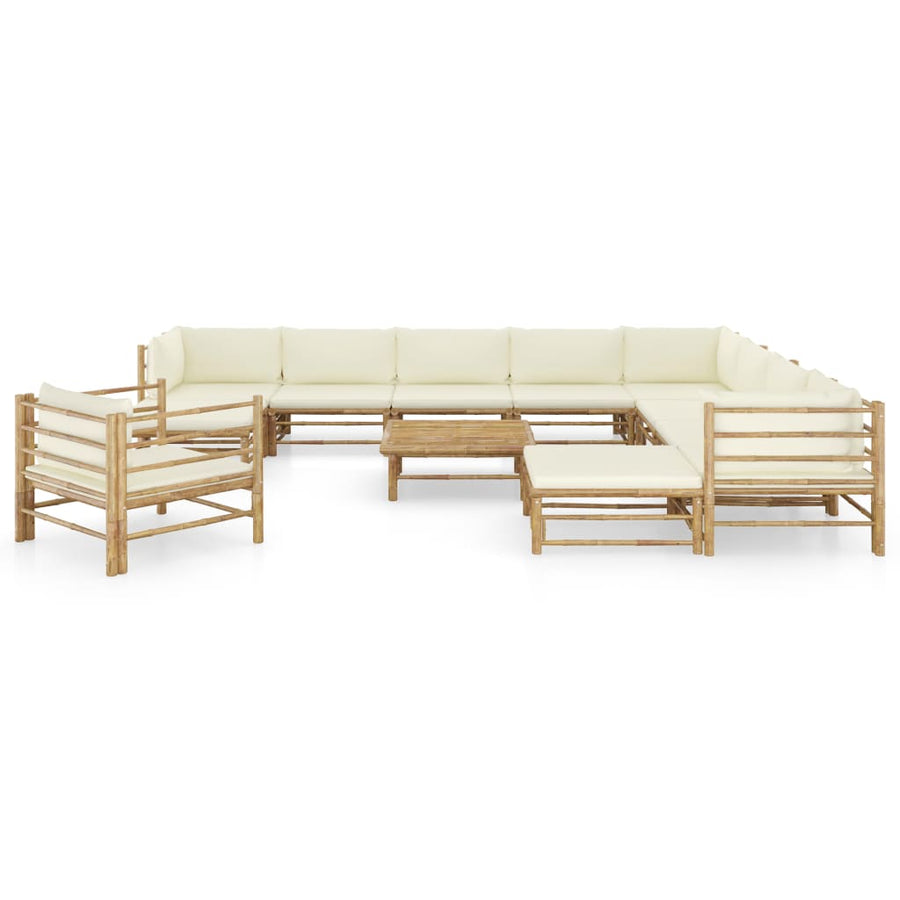 2-Delige Loungeset Met Witte Kussens Bamboe Crème 3x hoek + 5x midden + Fauteuil + 2x voetensteun + Tafel