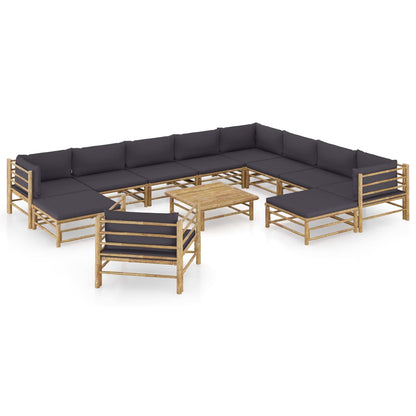 2-Delige Loungeset Met Donkergrijze Kussens Bamboe Donkergrijs 3x hoek + 5x midden + Fauteuil + 2x voetensteun + Tafel