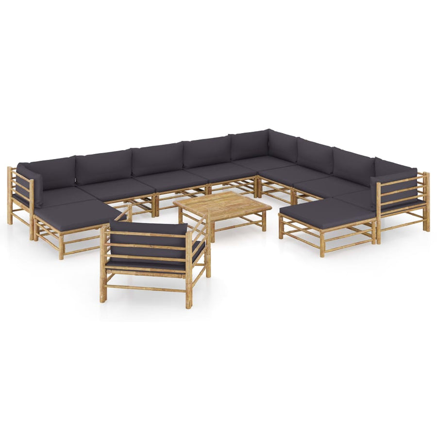 2-Delige Loungeset Met Donkergrijze Kussens Bamboe Donkergrijs 3x hoek + 5x midden + Fauteuil + 2x voetensteun + Tafel