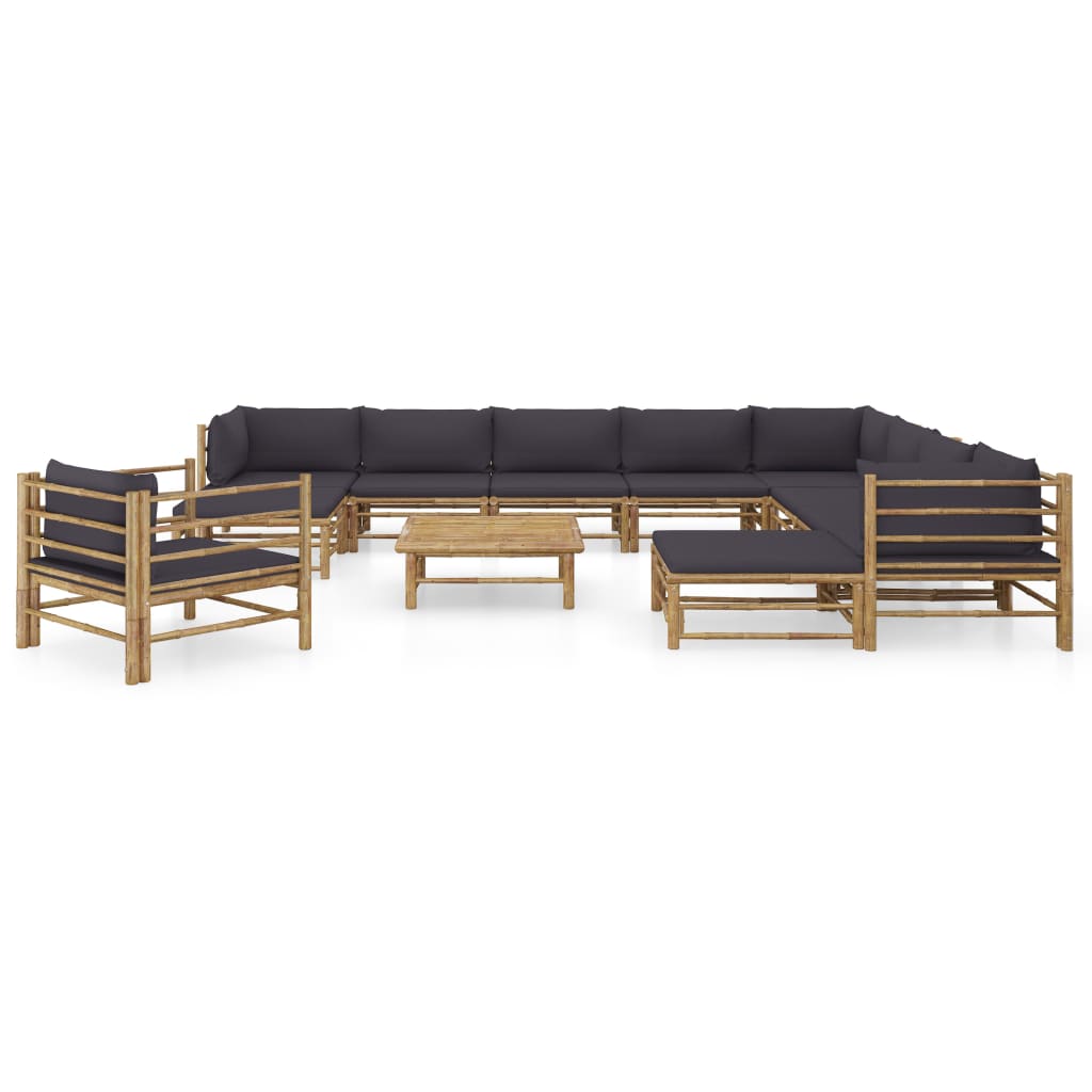 2-Delige Loungeset Met Donkergrijze Kussens Bamboe Donkergrijs 3x hoek + 5x midden + Fauteuil + 2x voetensteun + Tafel