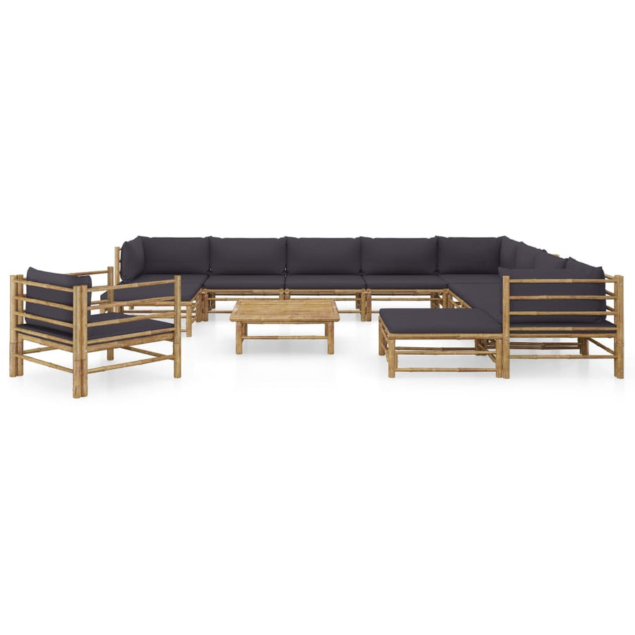 2-Delige Loungeset Met Donkergrijze Kussens Bamboe Donkergrijs 3x hoek + 5x midden + Fauteuil + 2x voetensteun + Tafel