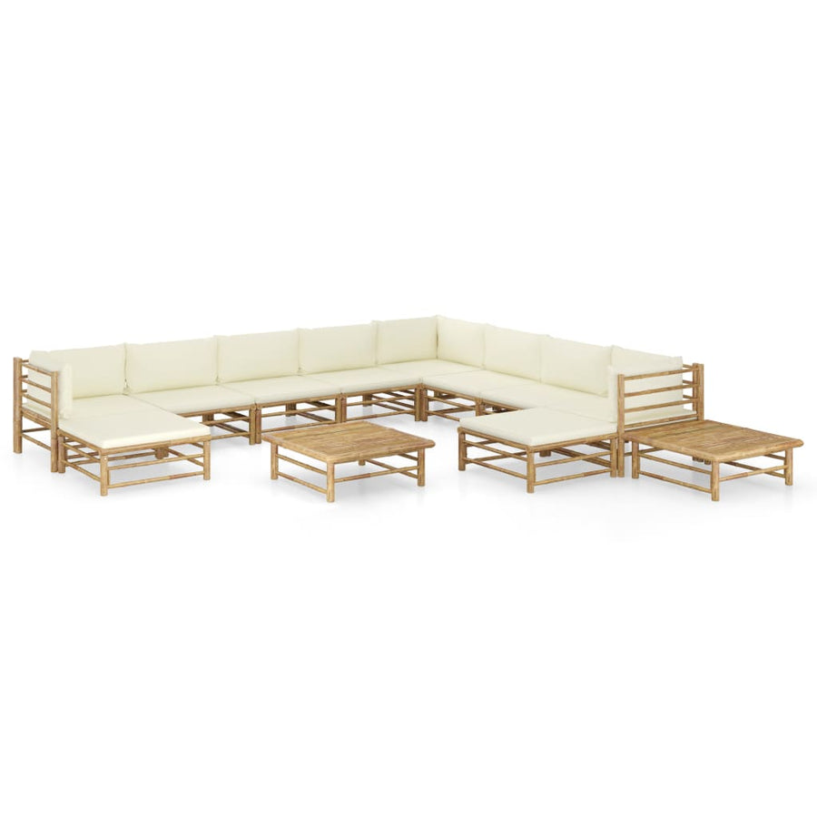 2-Delige Loungeset Met Witte Kussens Bamboe Crème 3x hoek + 5x midden + 2x voetensteun + 2x Tafel