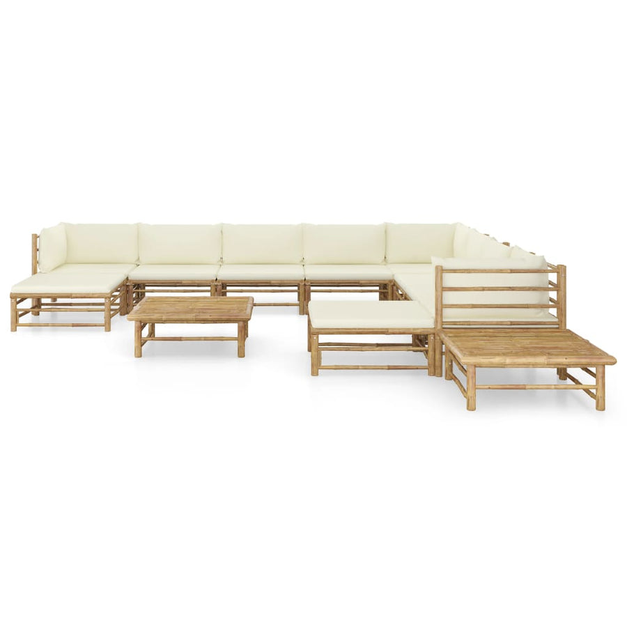 2-Delige Loungeset Met Witte Kussens Bamboe Crème 3x hoek + 5x midden + 2x voetensteun + 2x Tafel