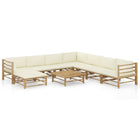 9-Delige Loungeset Met Witte Kussens Bamboe Crème 3x hoek + 4x midden + voetensteun + Tafel