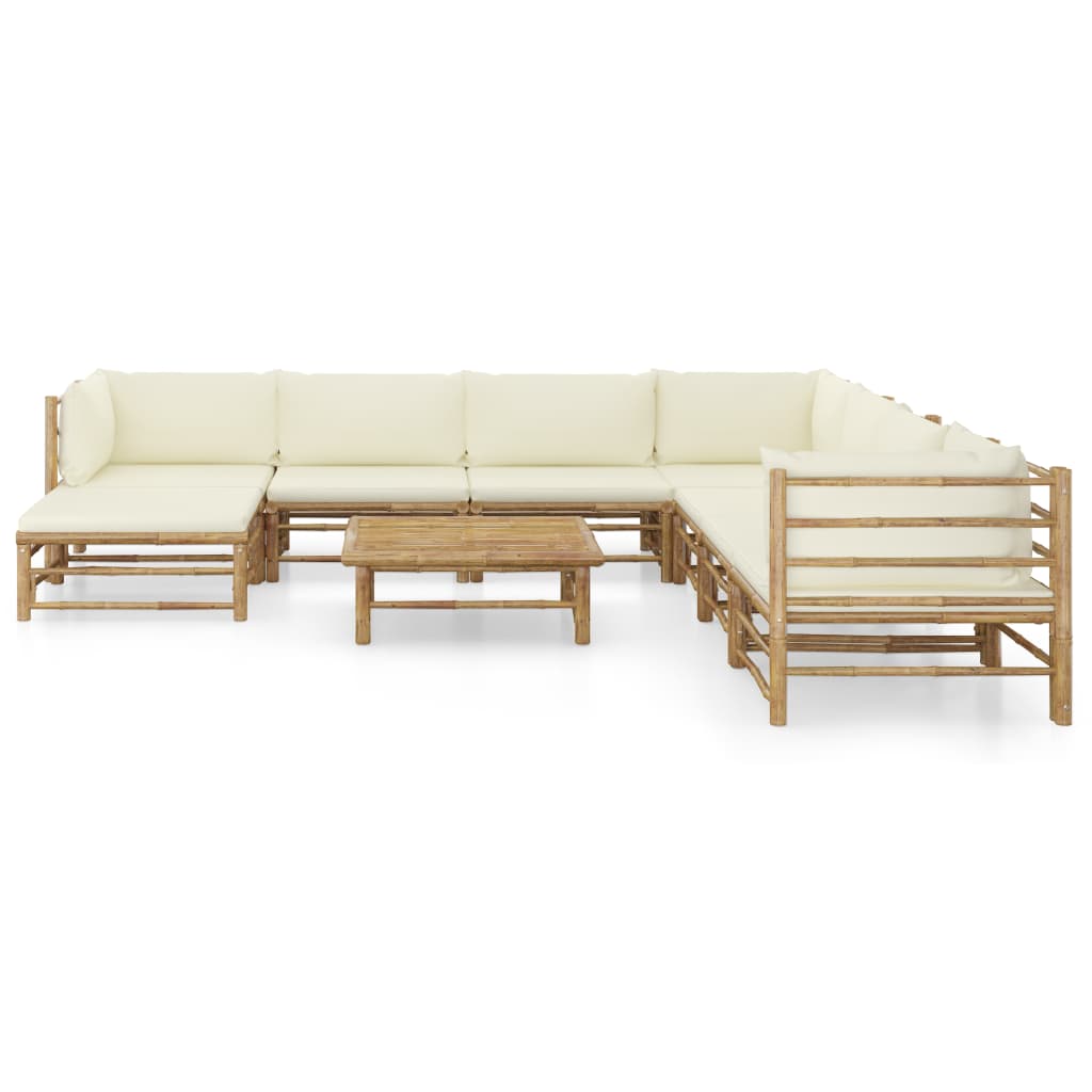 9-Delige Loungeset Met Witte Kussens Bamboe Crème 3x hoek + 4x midden + voetensteun + Tafel