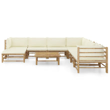 9-Delige Loungeset Met Witte Kussens Bamboe Crème 3x hoek + 4x midden + voetensteun + Tafel