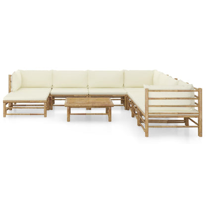 9-Delige Loungeset Met Witte Kussens Bamboe Crème 3x hoek + 4x midden + voetensteun + Tafel