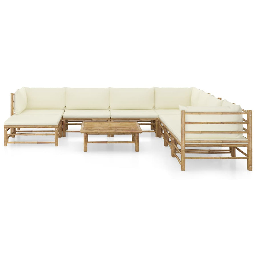 9-Delige Loungeset Met Witte Kussens Bamboe Crème 3x hoek + 4x midden + voetensteun + Tafel