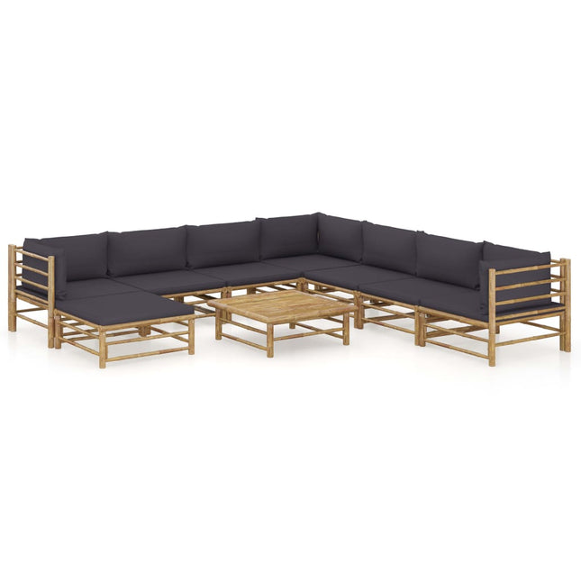 9-Delige Loungeset Met Donkergrijze Kussens Bamboe Donkergrijs 3x hoek + 4x midden + voetensteun + Tafel