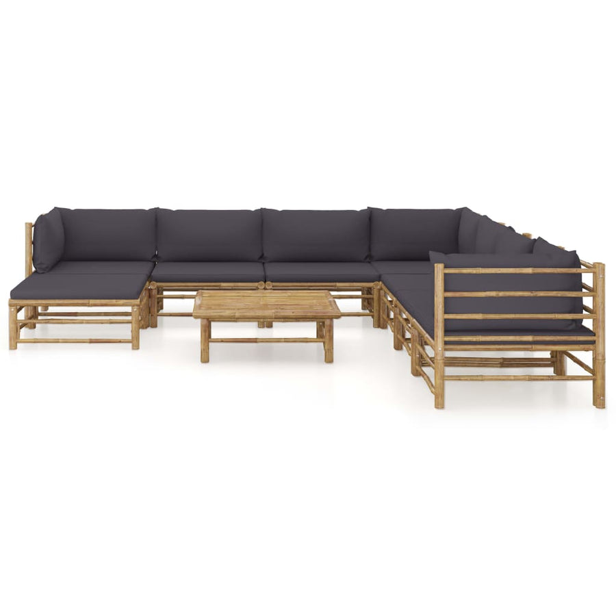 9-Delige Loungeset Met Donkergrijze Kussens Bamboe Donkergrijs 3x hoek + 4x midden + voetensteun + Tafel