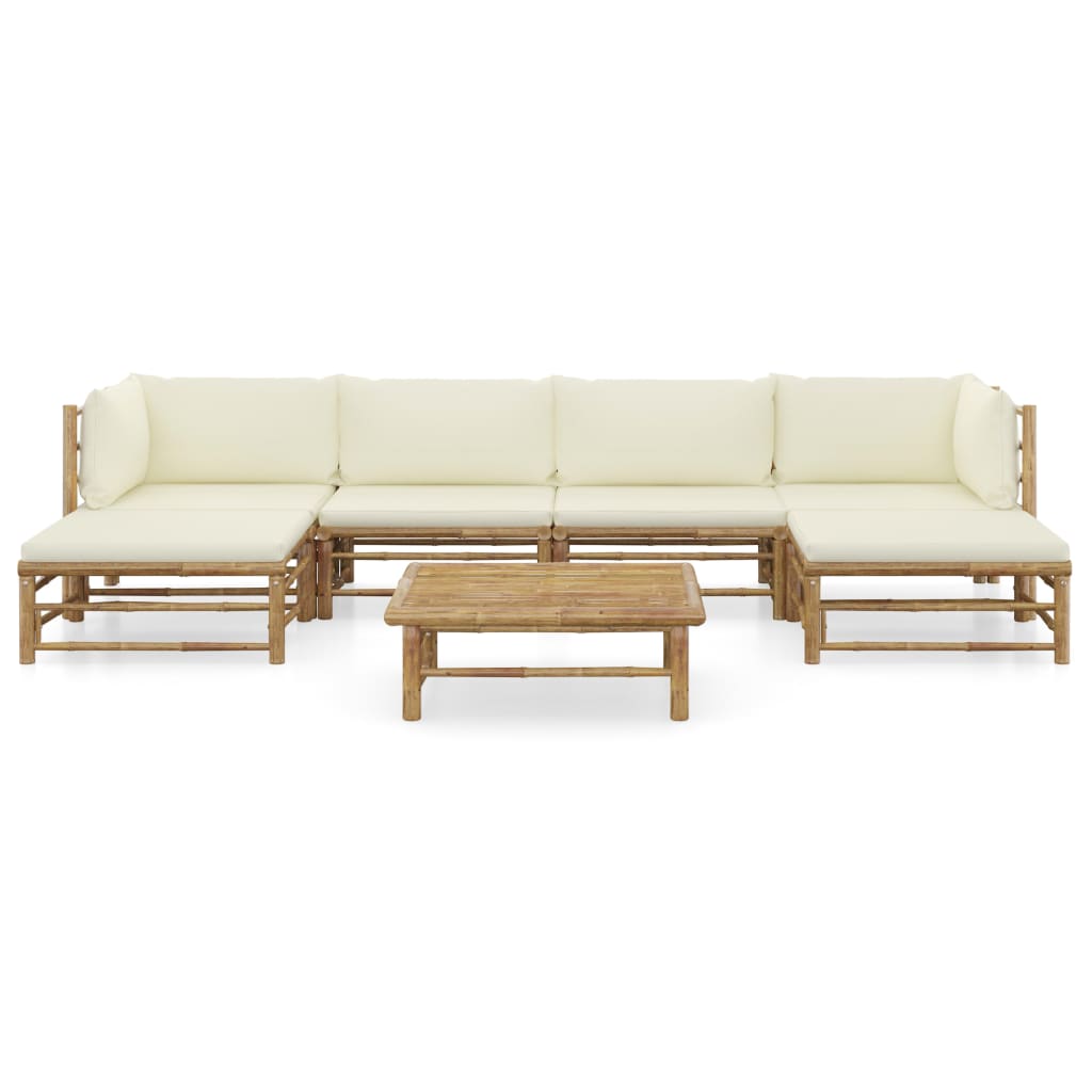 7-Delige Loungeset Met Witte Kussens Bamboe Crème 2x hoek + 2x midden + 2x voetensteun + Tafel