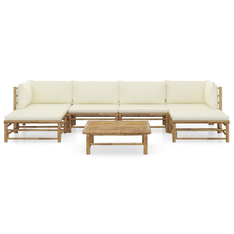 7-Delige Loungeset Met Witte Kussens Bamboe Crème 2x hoek + 2x midden + 2x voetensteun + Tafel
