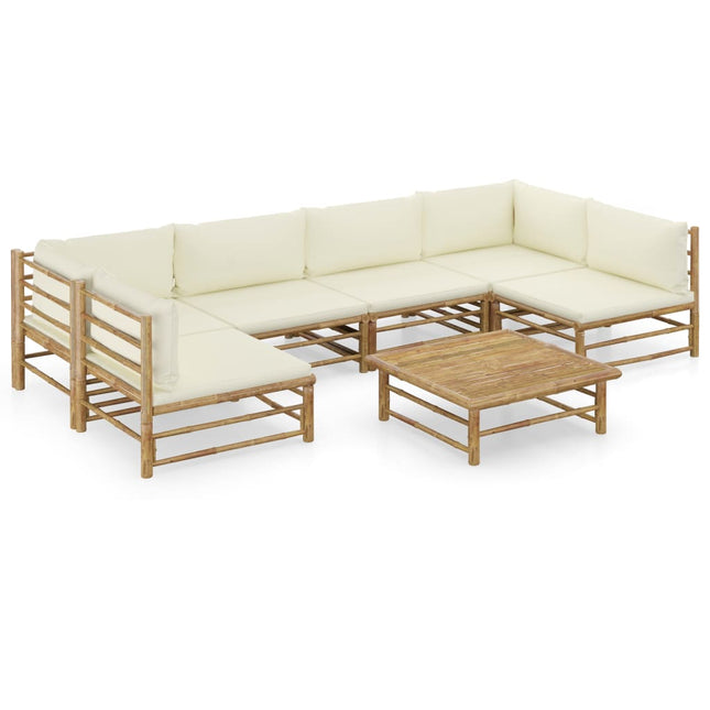 7-Delige Loungeset Met Witte Kussens Bamboe Crème 2x hoek + 4x midden + Tafel