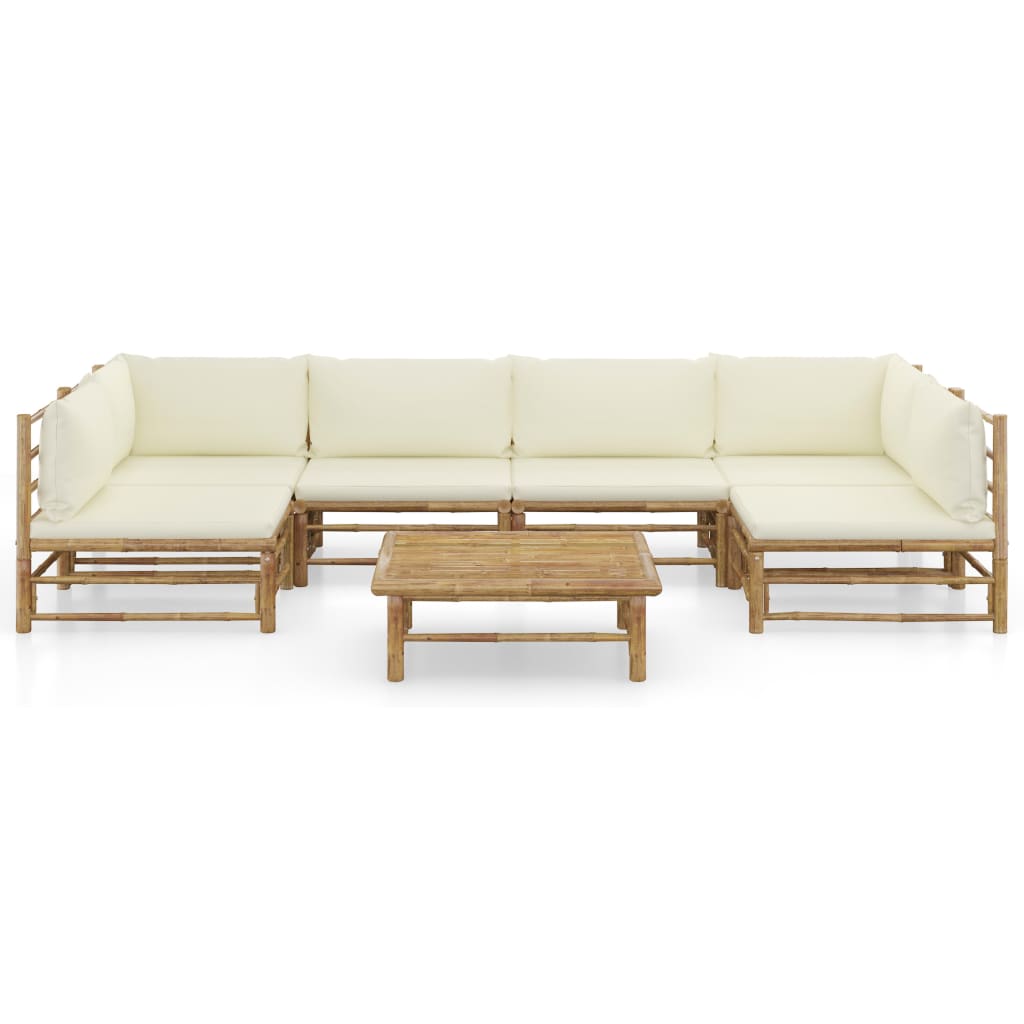 7-Delige Loungeset Met Witte Kussens Bamboe Crème 2x hoek + 4x midden + Tafel