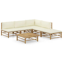 6-Delige Loungeset Met Witte Kussens Bamboe Crème hoek + 3x midden + voetensteun + Tafel