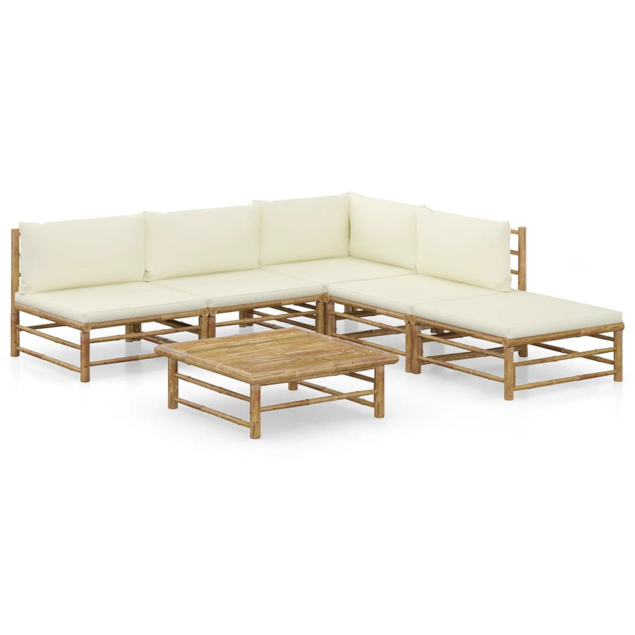 6-Delige Loungeset Met Witte Kussens Bamboe Crème hoek + 3x midden + voetensteun + Tafel