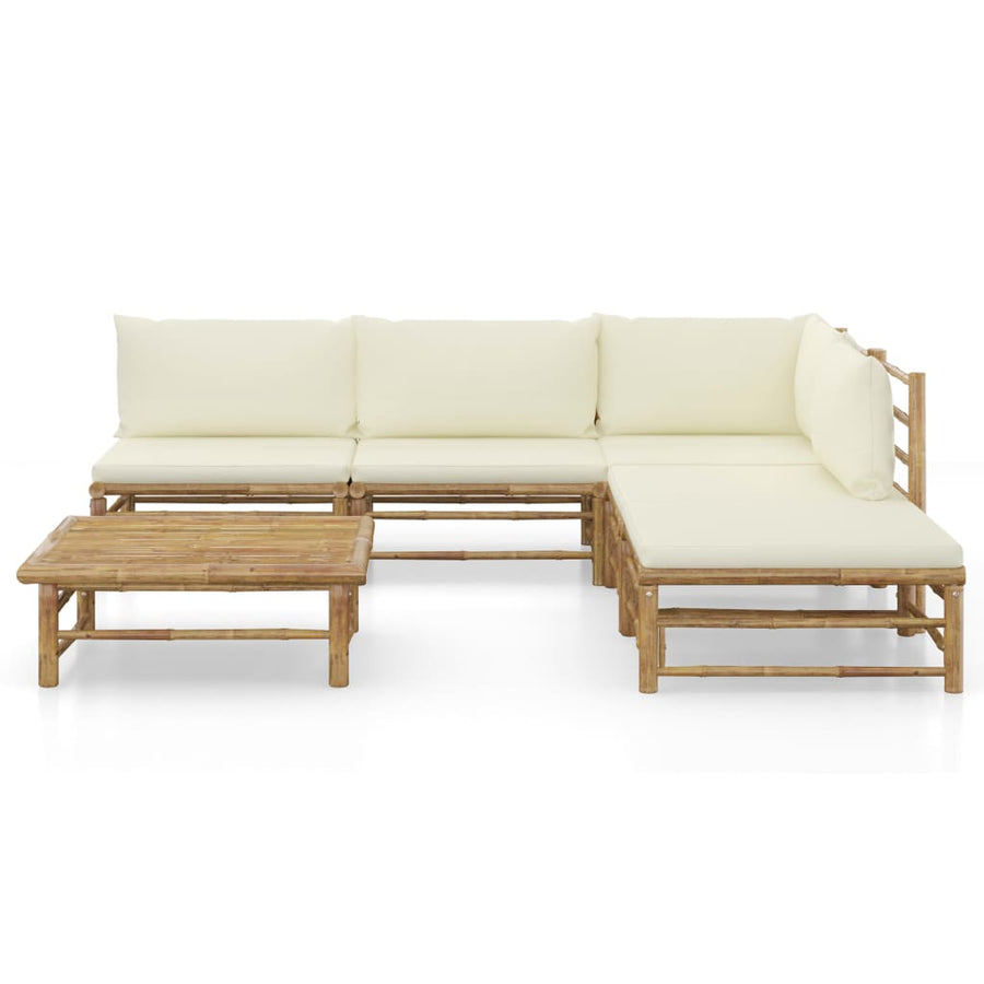 6-Delige Loungeset Met Witte Kussens Bamboe Crème hoek + 3x midden + voetensteun + Tafel